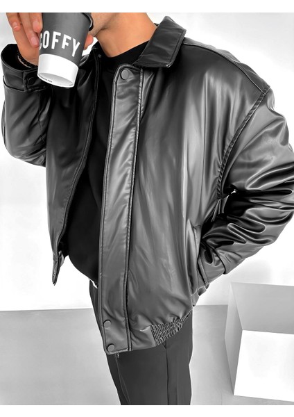 Erkek Oversize Premium Basic Deri Ceket Siyah modelleri