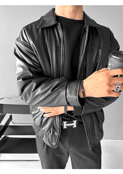 Erkek Oversize Premium Basic Deri Ceket Siyah fırsatları