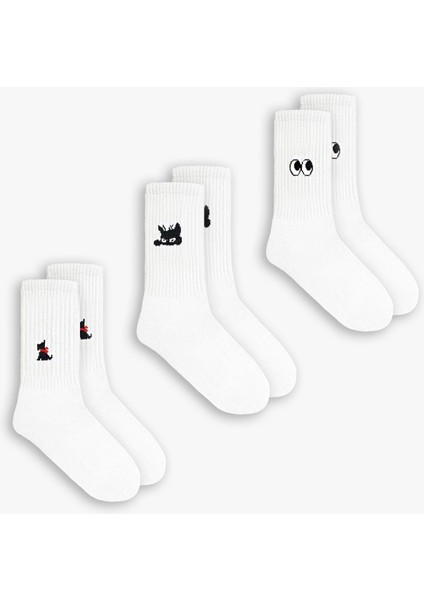Unisex Desen Baskılı 3'lü Uzun Kolej Tenis Çorap Beyaz