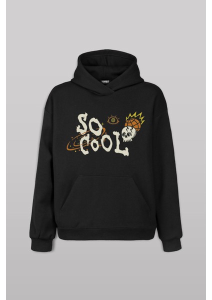 Unisex Sweatshirt So Cool Skull Logo Y2K Kuru Kafa Galaksi Uzay Galaxy Siyah Kapüşonlu Hoodie