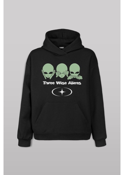 Three Wise Aliens Ufo Mars Uzay Kozmos Minimal Baskılı Siyah Sweat Kapüşonlu Hoodie
