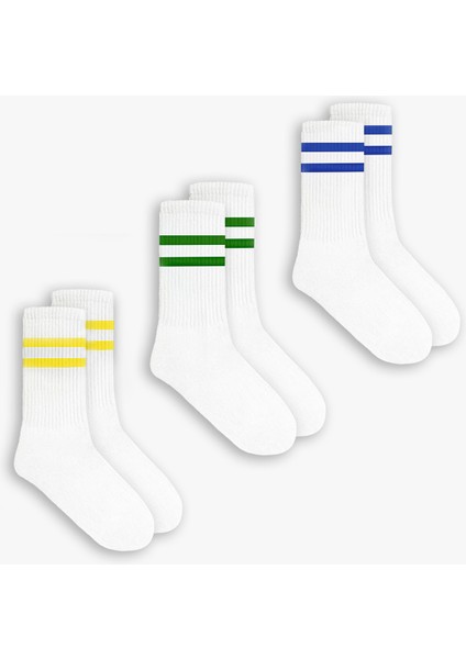 Erkek Çizgili Desenli 3'Lü Uzun Kolej Tenis Çorap Beyaz