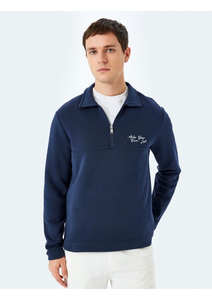 Slogan Işlemeli Pamuk Karışımlı Dikiş Detaylı Yarım Fermuarlı Sweatshirt modelleri