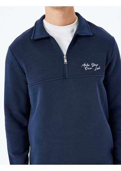 Slogan Işlemeli Pamuk Karışımlı Dikiş Detaylı Yarım Fermuarlı Sweatshirt indirimleri