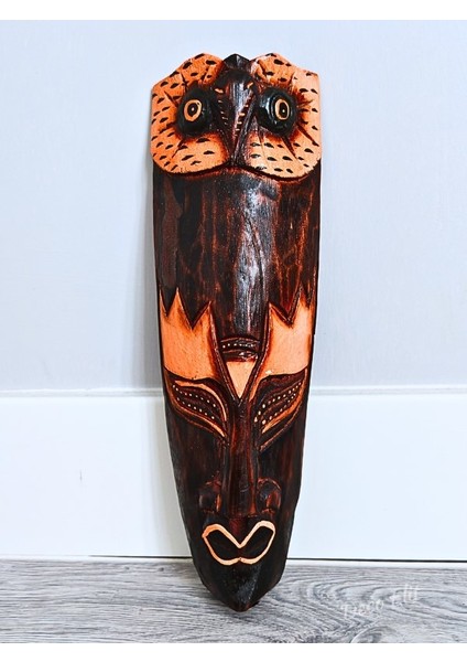 Ahşap Oyma Baykuş Surat Mask Totem Aborjin Tipi Duvar Objesi Mindi Ağacı El Oyması 30 cm