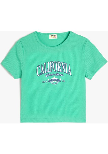 California Baskılı Kısa Kollu Bisiklet Yaka Pamuklu Crop Tişört