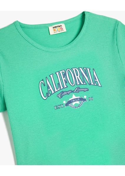 California Baskılı Kısa Kollu Bisiklet Yaka Pamuklu Crop Tişört modelleri