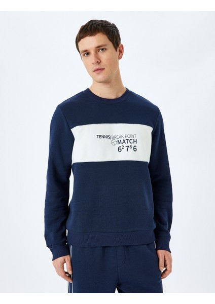 Bisiklet Yaka Renk Bloklu Pamuk Karışımlı Slogan Baskılı Sweatshirt