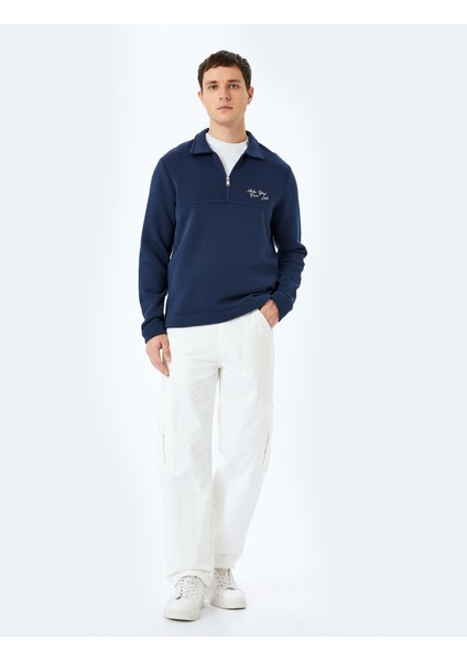 Slogan Işlemeli Pamuk Karışımlı Dikiş Detaylı Yarım Fermuarlı Sweatshirt