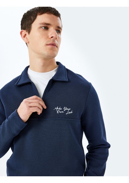 Slogan Işlemeli Pamuk Karışımlı Dikiş Detaylı Yarım Fermuarlı Sweatshirt fiyatları