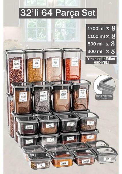 Dina 64 Parça Kare Erzak ve Bakliyat Saklama Kabı Baharat Seti 8X(300ML500ML1100ML1700ML) Etiketli