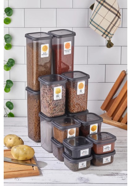 Dina 64 Parça Kare Erzak ve Bakliyat Saklama Kabı Baharat Seti 8X(300ML500ML1100ML1700ML) Etiketli