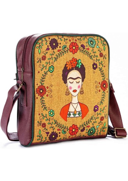 Frida Kahlo Figürlü Büyük Postacı Kol Çantası Etnik Bohem Style - Bordo