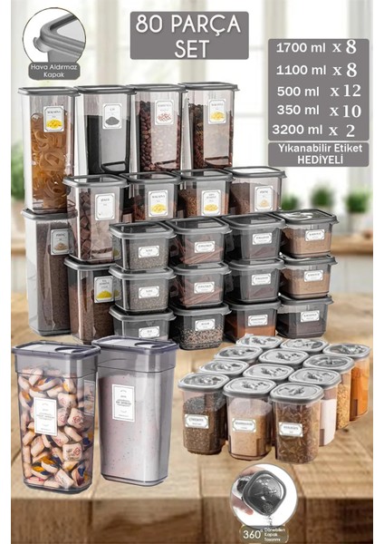 Elvis 80 Parça Erzak ve Bakliyat Saklama Kabı Seti 8x(1,10-1,70 LT)12X(0,5 LT)10X(350ML)2X(3,2LT)