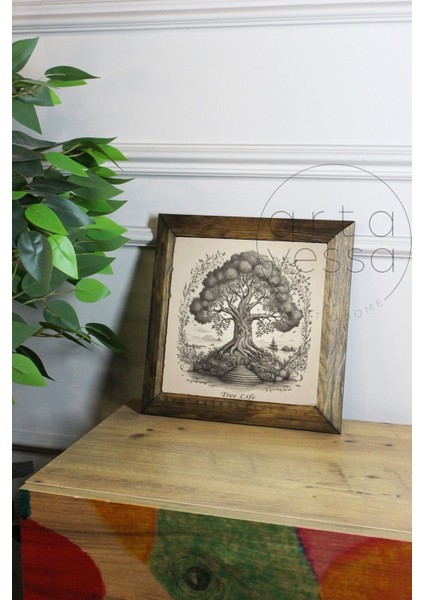 Masif Ahşap Çerçeveli Taş Tablo Pano 26 x 26 cm - Ağaç Model 1