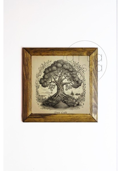 Masif Ahşap Çerçeveli Taş Tablo Pano 26 x 26 cm - Ağaç Model 1