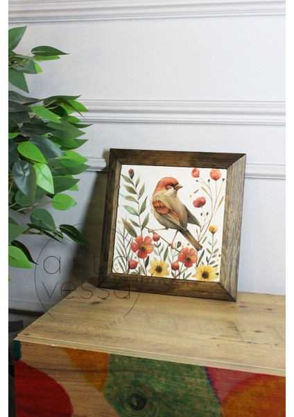 Masif Ahşap Çerçeveli Taş Tablo Pano 16 x 16 cm - Bahar ve Kuşlar 3
