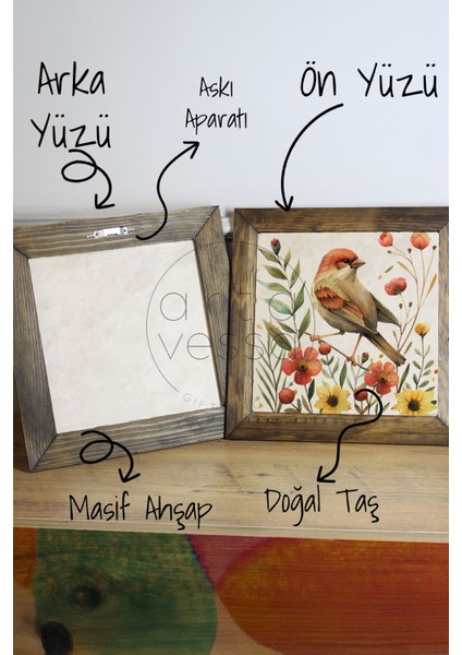 Masif Ahşap Çerçeveli Taş Tablo Pano 16 x 16 cm - Bahar ve Kuşlar 3 modelleri