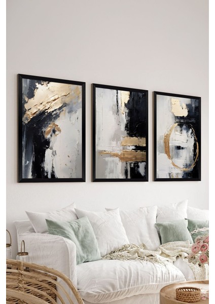3 Parça Siyah Çerçeve Görünümlü Mdf Poster Tablo Seti - Set 20