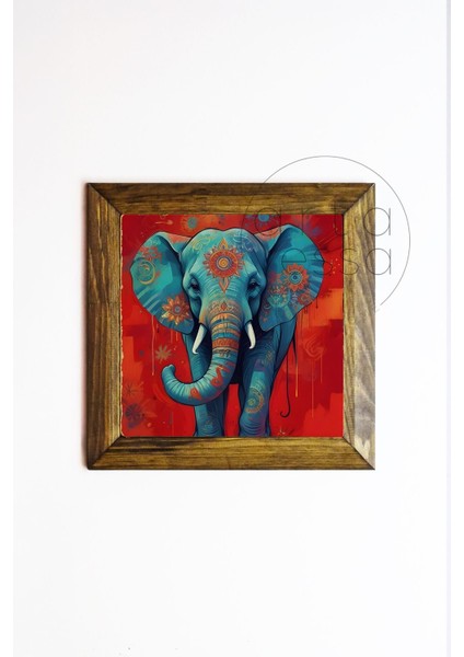 Masif Ahşap Çerçeveli Taş Tablo Pano 16 x 16 cm - Fil