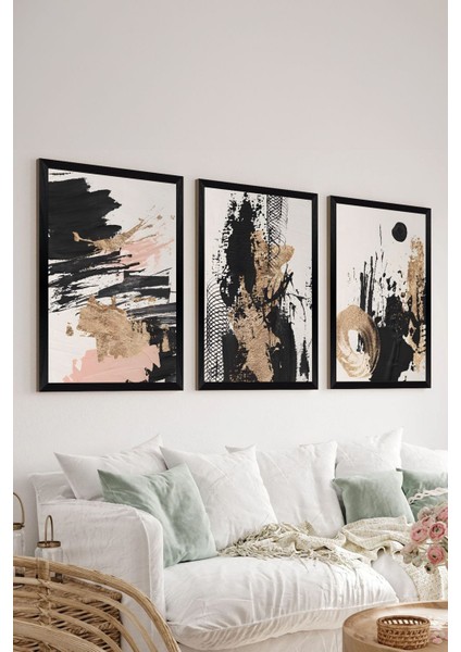 3 Parça Siyah Çerçeve Görünümlü Mdf Poster Tablo Seti - Set 40