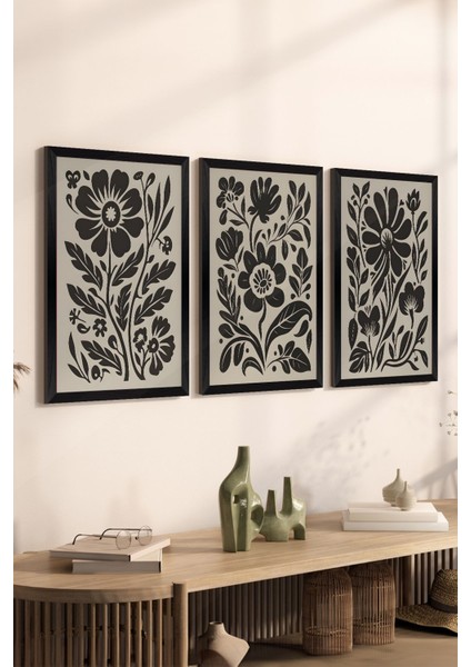 3 Parça Siyah Çerçeve Görünümlü Mdf Poster Tablo Seti - Set 30