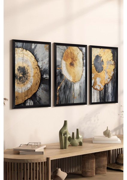 3 Parça Siyah Çerçeve Görünümlü Mdf Poster Tablo Seti - Set 10