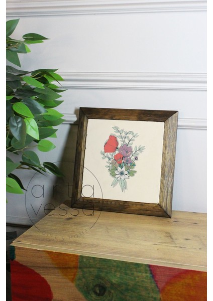 Masif Ahşap Çerçeveli Taş Tablo Pano 16 x 16 cm - Bahar ve Çiçek 6