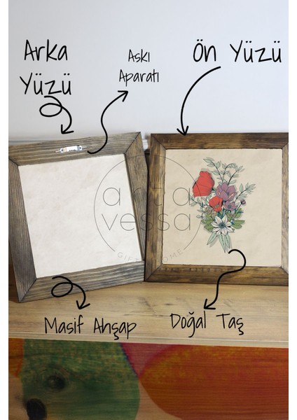 Masif Ahşap Çerçeveli Taş Tablo Pano 16 x 16 cm - Bahar ve Çiçek 6 modelleri