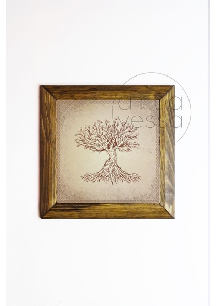 Masif Ahşap Çerçeveli Taş Tablo Pano 26 x 26 cm - Ağaç Model 4
