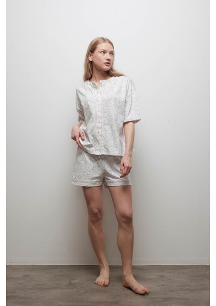 Kadın Pamuklu Kısa Kollu Gömlek Şortlu Pijama Takımı
