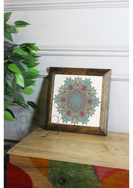 Masif Ahşap Çerçeveli Taş Tablo Pano 26 x 26 cm - Mandala 6