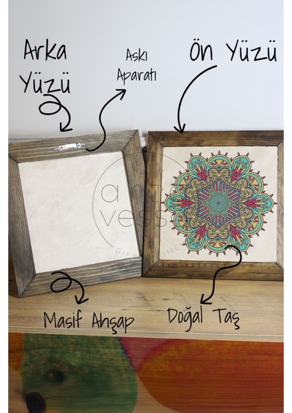 Masif Ahşap Çerçeveli Taş Tablo Pano 26 x 26 cm - Mandala 6 modelleri