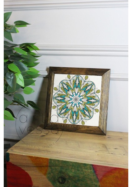 Masif Ahşap Çerçeveli Taş Tablo Pano 26 x 26 cm - Mandala 5