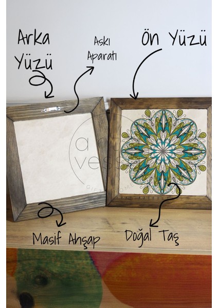 Masif Ahşap Çerçeveli Taş Tablo Pano 26 x 26 cm - Mandala 5 modelleri