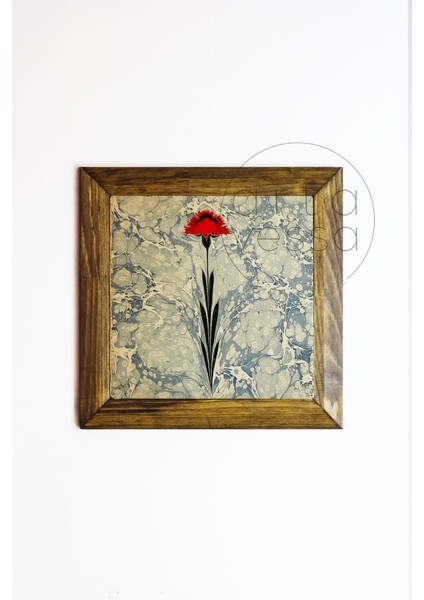 Masif Ahşap Çerçeveli Taş Tablo Pano 26 x 26 cm - Ebru Sanatı 2