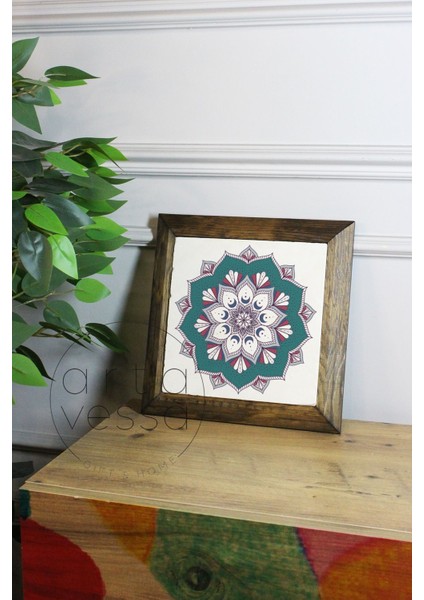 Masif Ahşap Çerçeveli Taş Tablo Pano 16 x 16 cm - Mandala 4