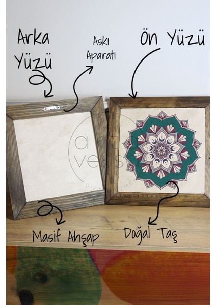 Masif Ahşap Çerçeveli Taş Tablo Pano 16 x 16 cm - Mandala 4 modelleri