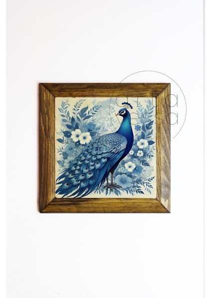 Masif Ahşap Çerçeveli Taş Tablo Pano 16 x 16 cm - Tavus Kuşu 1