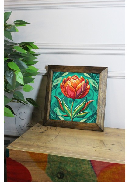 Masif Ahşap Çerçeveli Taş Tablo Pano 26 x 26 cm - Bahar ve Çiçek 1