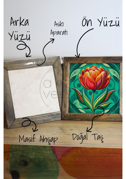 Masif Ahşap Çerçeveli Taş Tablo Pano 26 x 26 cm - Bahar ve Çiçek 1 modelleri