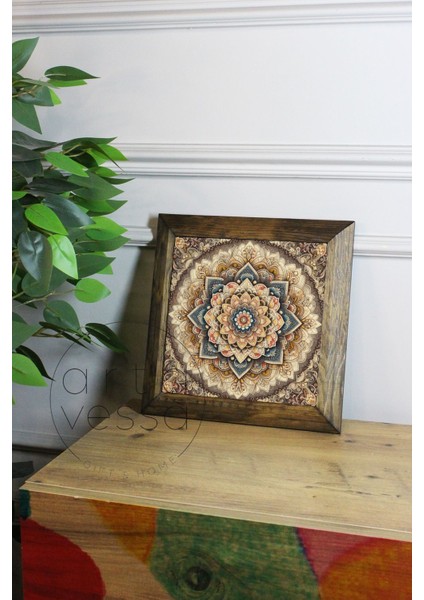 Masif Ahşap Çerçeveli Taş Tablo Pano 16 x 16 cm - Mandala 1