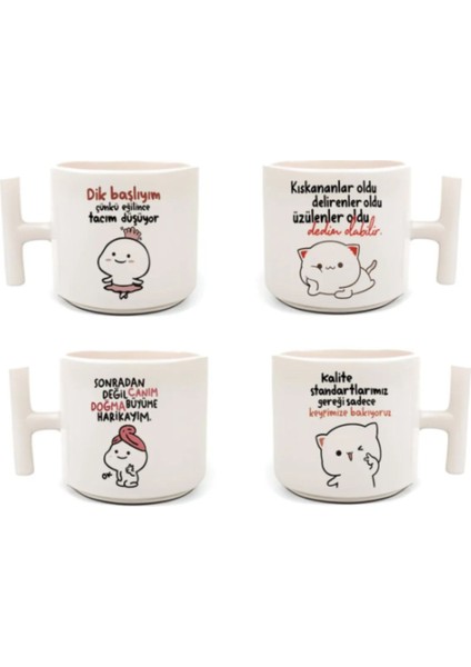 4'lü Moci Cat Baskılı - T Kulp Kupa