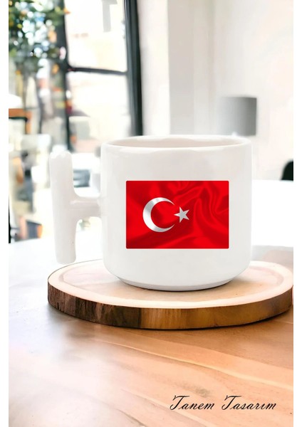 Milli Bayrak Detaylı T Kulp Kahve Kupası, Milli Renkler, Vatansever, Ulusal Kimlik, Milliyetçi Kupa
