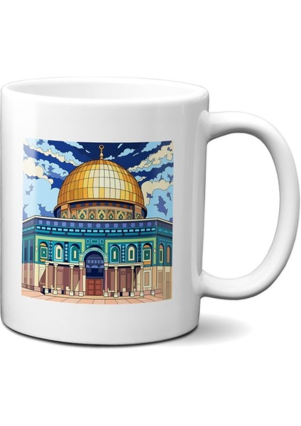 Mescid I Aksa V5 Temalı Beyaz Kupa Bardak Porselen