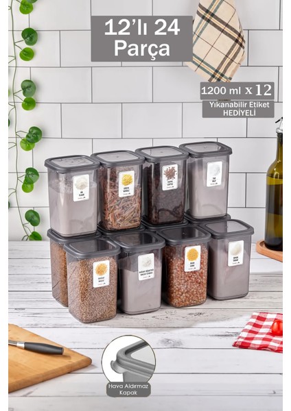Evan 12'li 24 Parça Kare Erzak ve Bakliyat Saklama Kabı Seti 12X(1200 Ml)Etiketli