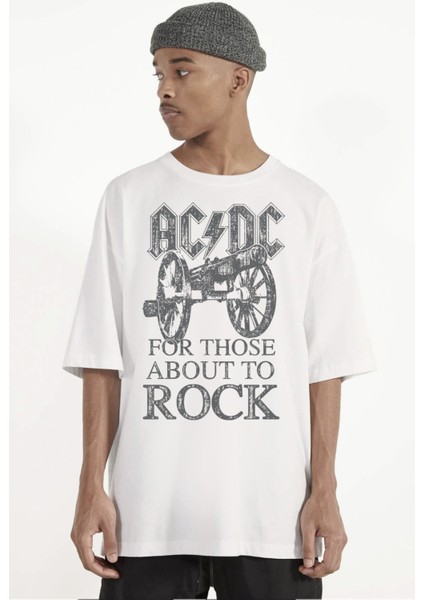 Top Rock Acdc Beyaz Oversize Erkek Tshirt