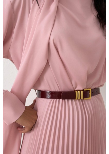 Pudra Kemer Detaylı Pileli Uzun Kollu Midi Boy Elbise fırsatları