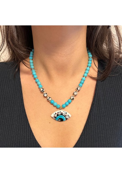 Turkuaz Doğal Taş El Işi Seramik Evil Eye Göz Nazar Uçlu Özel Tasarım Doğaltaş Kolye