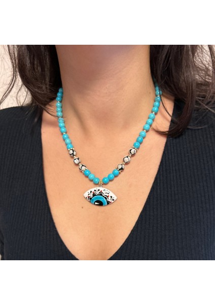 Turkuaz Doğal Taş El Işi Seramik Evil Eye Göz Nazar Uçlu Özel Tasarım Doğaltaş Kolye fiyatları